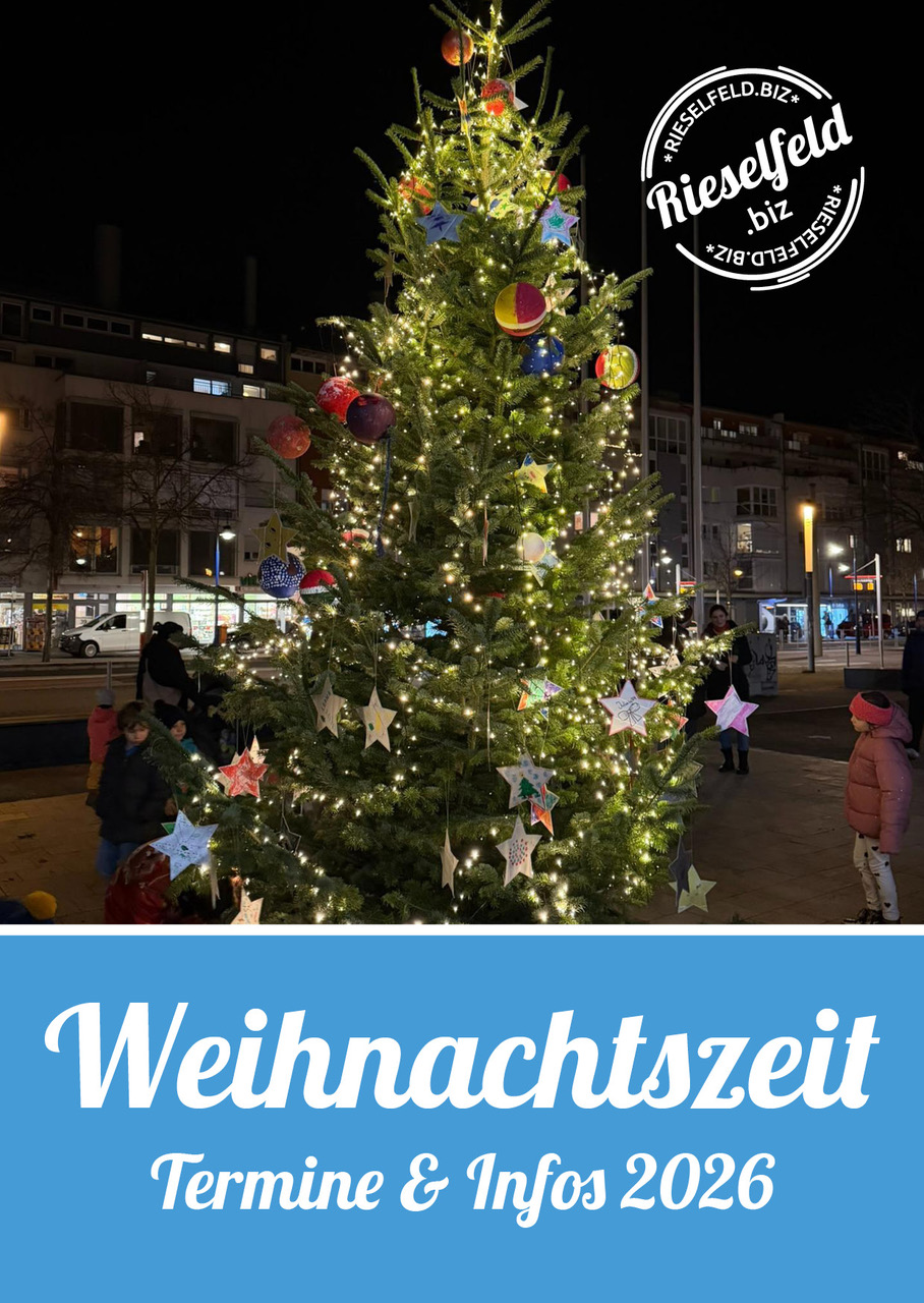 Weihnachtsbroschüre Rieselfeld mit Weihnachtsbaum auf dem Maria-von-Rudloff-Platz