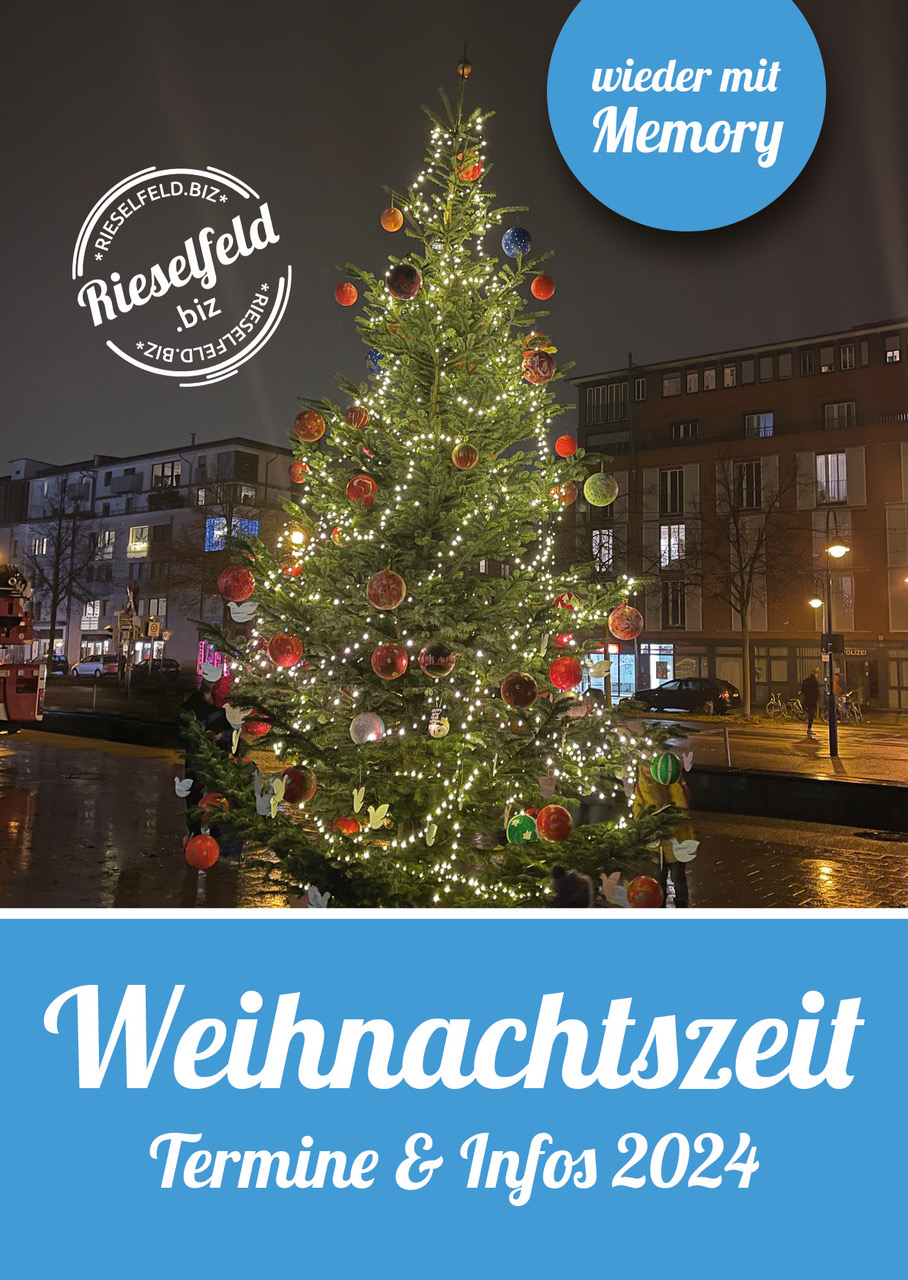 Weihnachtsbroschüre Rieselfeld mit Weihnachtsbaum auf dem Maria-von-Rudloff-Platz