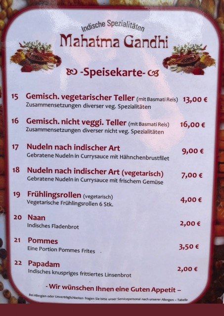 Mittel Mahatma Gandhi Speisekarte 15 22